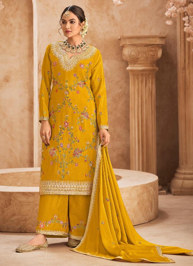 Premium Chinnon Mustard Wedding Wear Embroidery Work Readymade Plazzo Suit